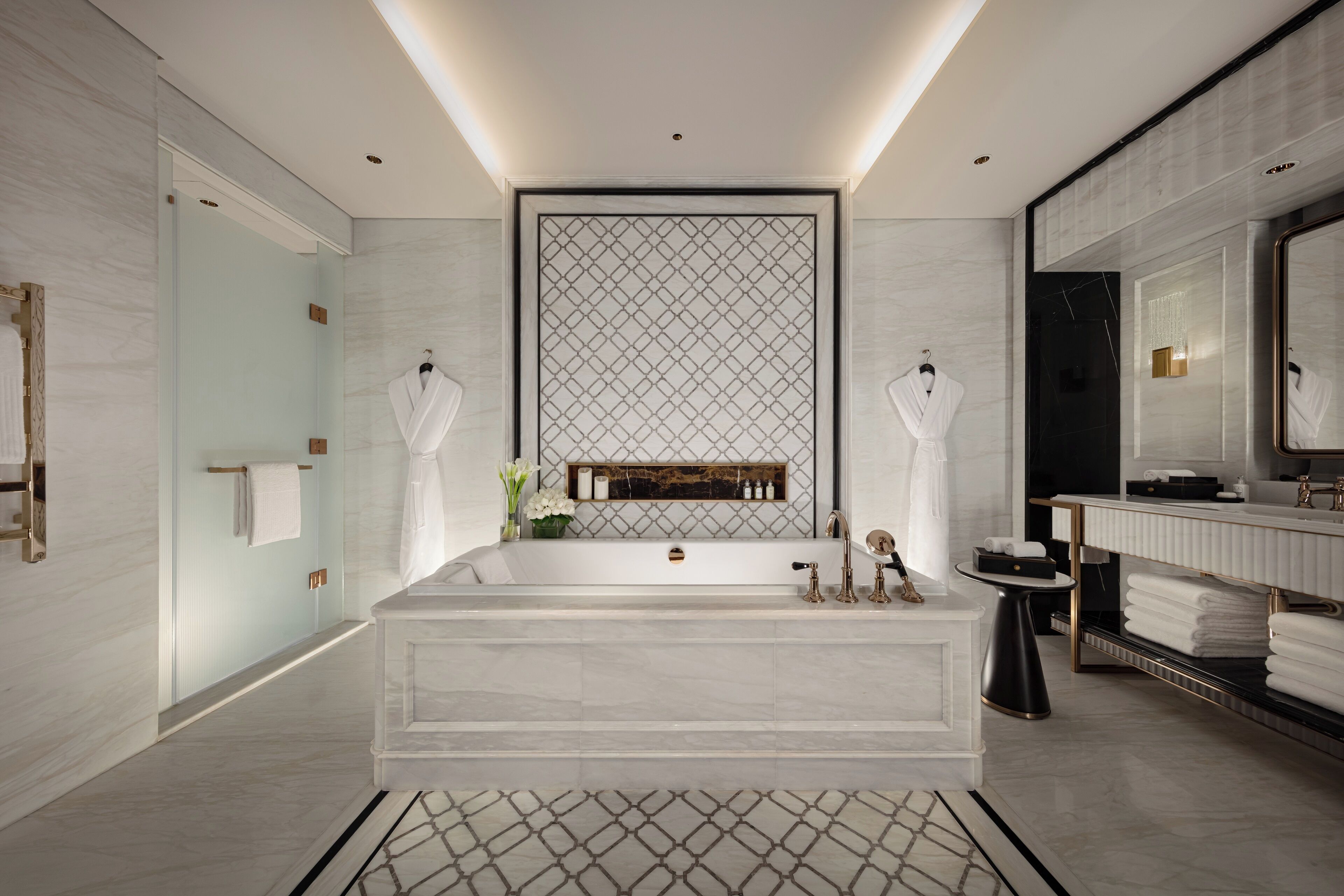 separate bathtub and shower, designer toiletries, hair dryer, bathrobes