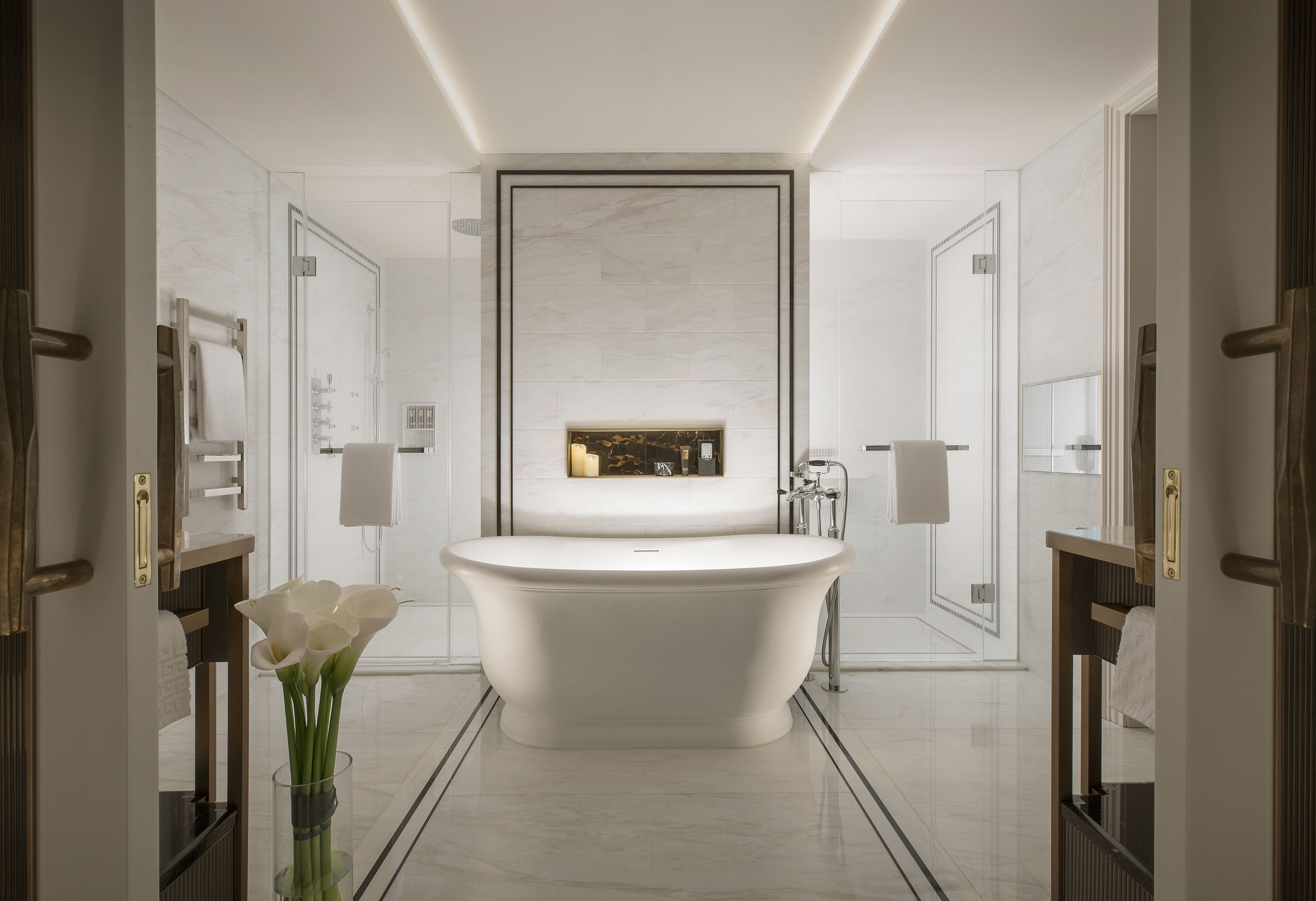 separate bathtub and shower, designer toiletries, hair dryer, bathrobes