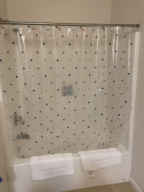 Hair dryer, towels, soap, shampoo