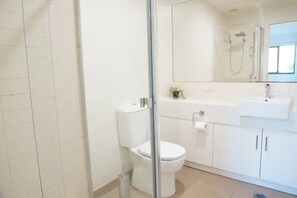 Shower, hair dryer, towels, soap