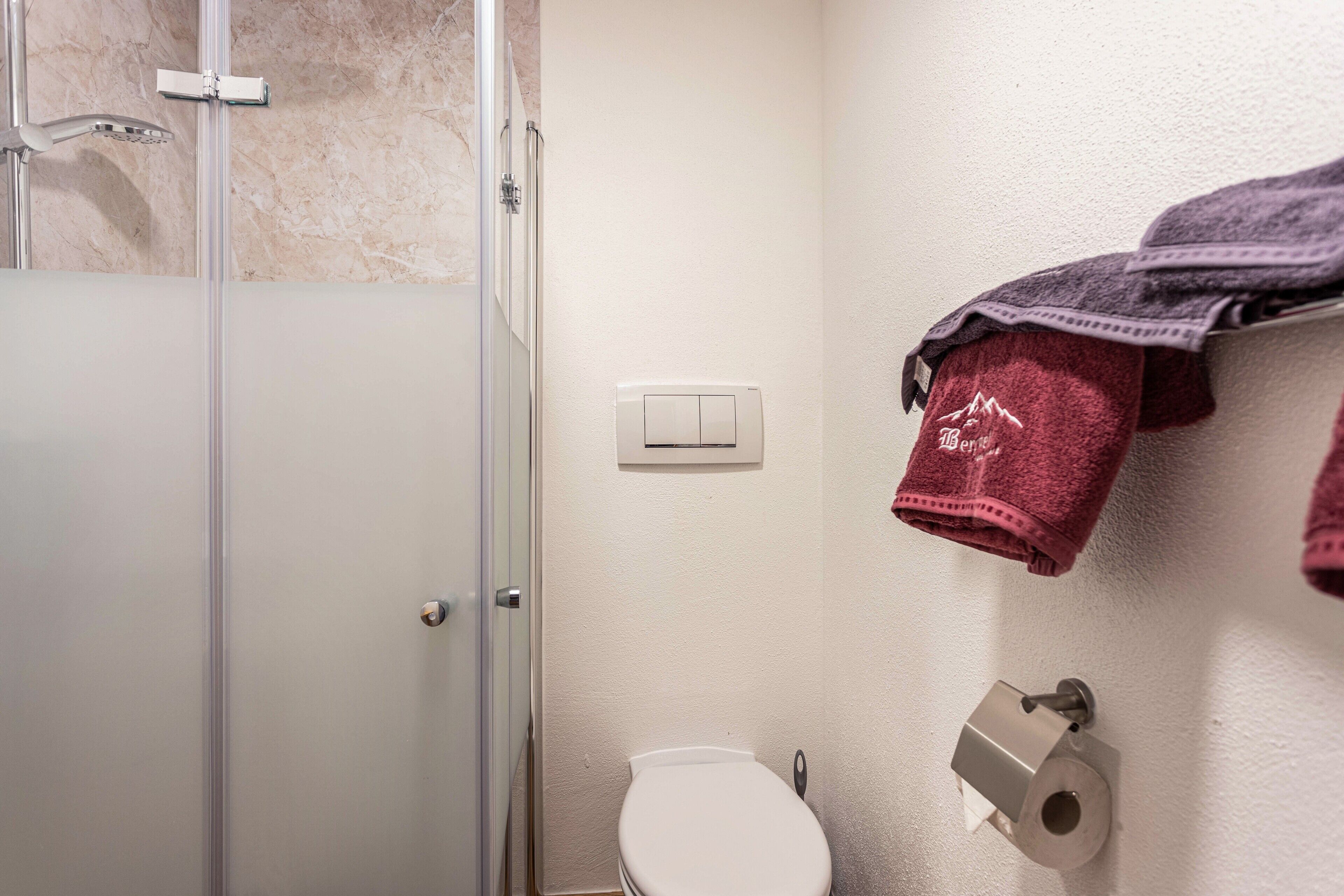 Un baño con cabina de ducha de vidrio, inodoro y un perchero con toallas.