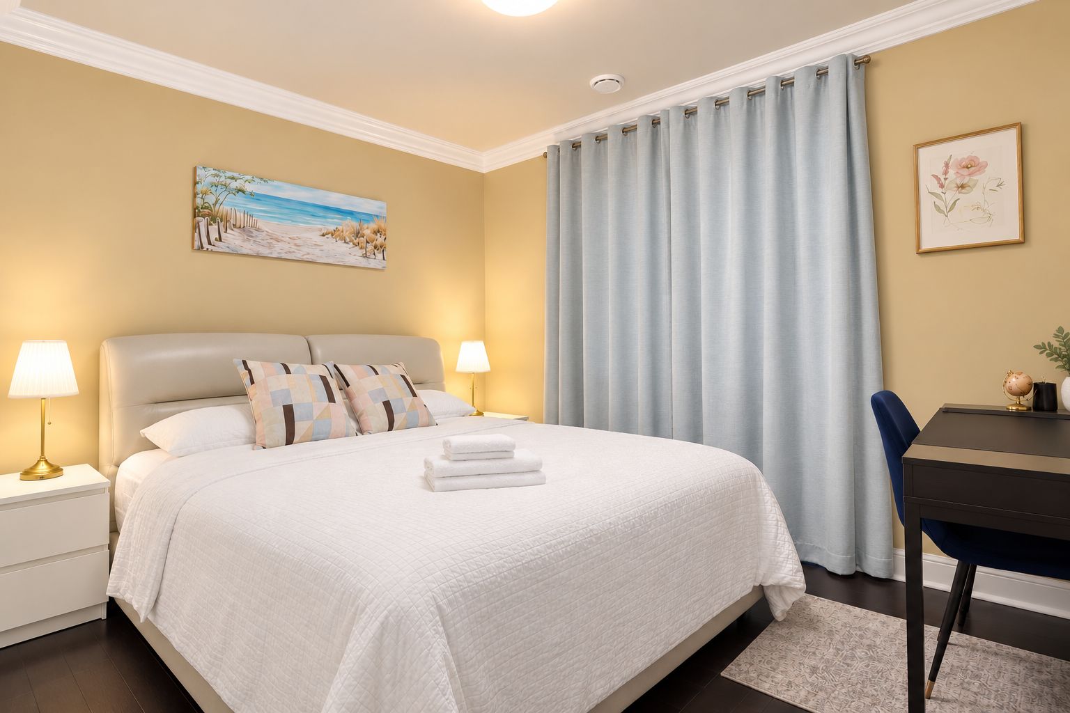 A hotel room with a bed, bedside lamps, a desk, and a chair.