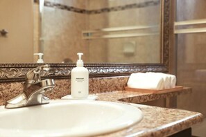 Hair dryer, towels, soap, shampoo