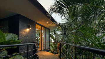 A modern building with a stone facade, a glass entrance, and a wooden walkway surrounded by lush tropical vegetation.