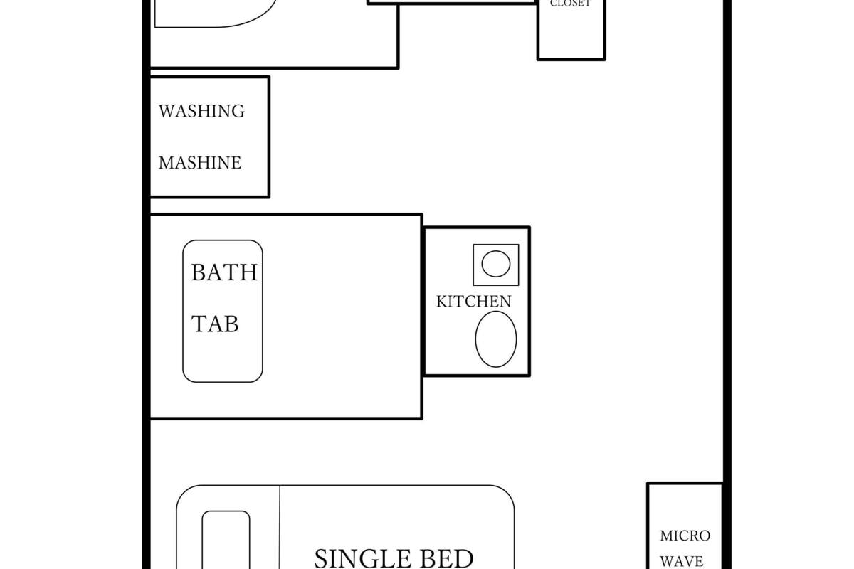 A room layout with a single bed, a desk, a micro wave, a closet, a bathroom, a kitchen, a washing machine, a bath tab, and an entrance.