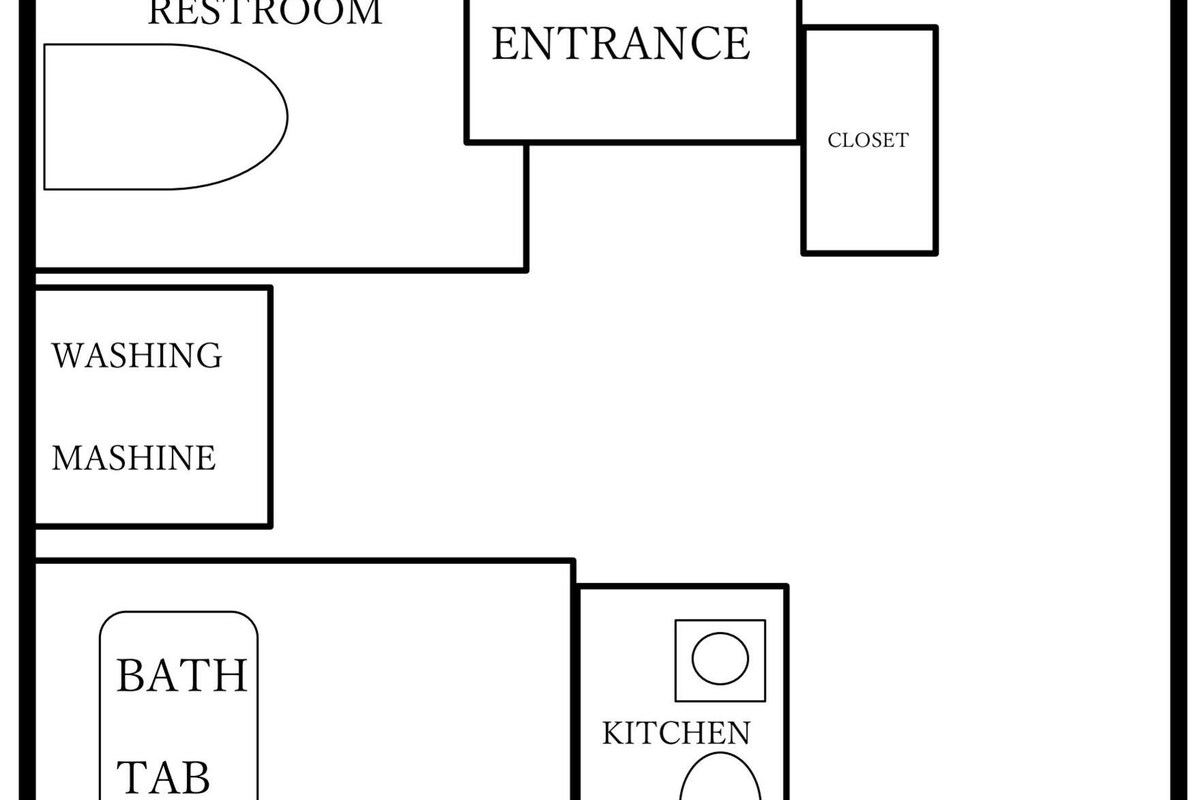 Un appartement comprenant une chambre avec un lit simple, un bureau, un four à micro-ondes, un placard, une salle de bain, une cuisine, un lave-linge, une baignoire et une entrée.