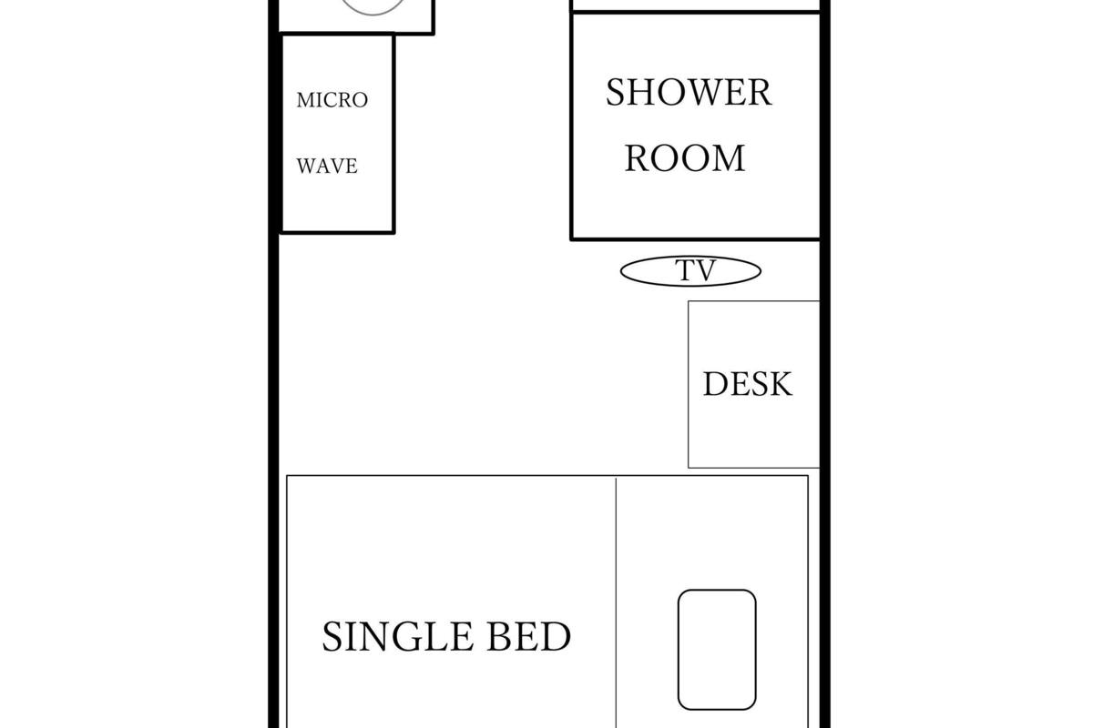 A floor plan of a hotel room with a single bed, a desk, a TV, a shower room, a bathroom with a sink, a toilet, a washing machine, a kitchen, a micro wave, and a closet.