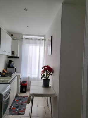 A narrow kitchen with white cabinets, a coffee machine, a sink, and a potted plant.