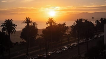 Vista del atardecer con palmeras y una carretera con coches.