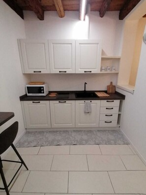 Kühlschrank, Mikrowelle, Herdplatte, Wasserkocher