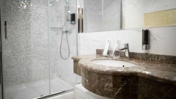 Shower, free toiletries, hair dryer, bathrobes