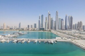 Overlooking a bustling marina with high-rise buildings and neatly arranged docks.