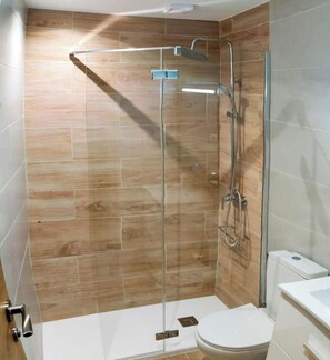 Shower, hair dryer, bidet, towels