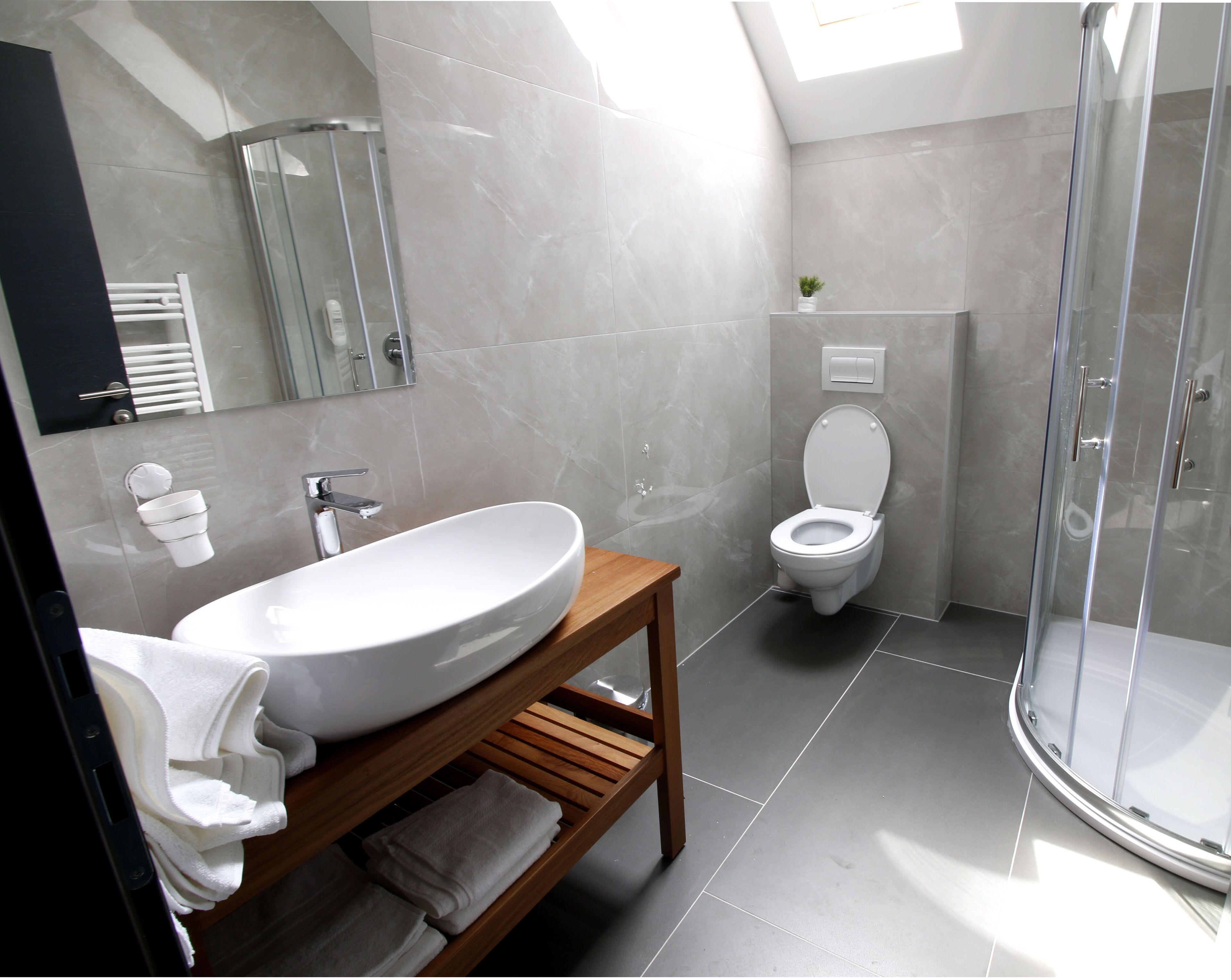 A modern bathroom with a large white sink, a toilet, and a glass shower enclosure.