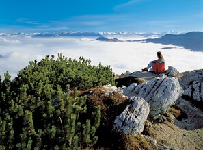 A person sitting on a rocky outcrop with a mountainous landscape and snow-capped peaks in the background.