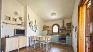 A compact kitchen with a dining area, a TV, and a fireplace.