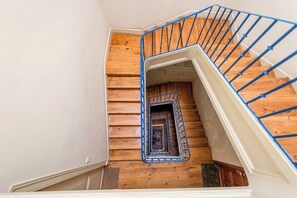 Eine Holztreppe mit blauer Handlauf, die zu einer Aussichtsplattform führt.
