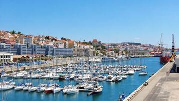 A marina with numerous boats docked, a clear sky, and buildings in the background.