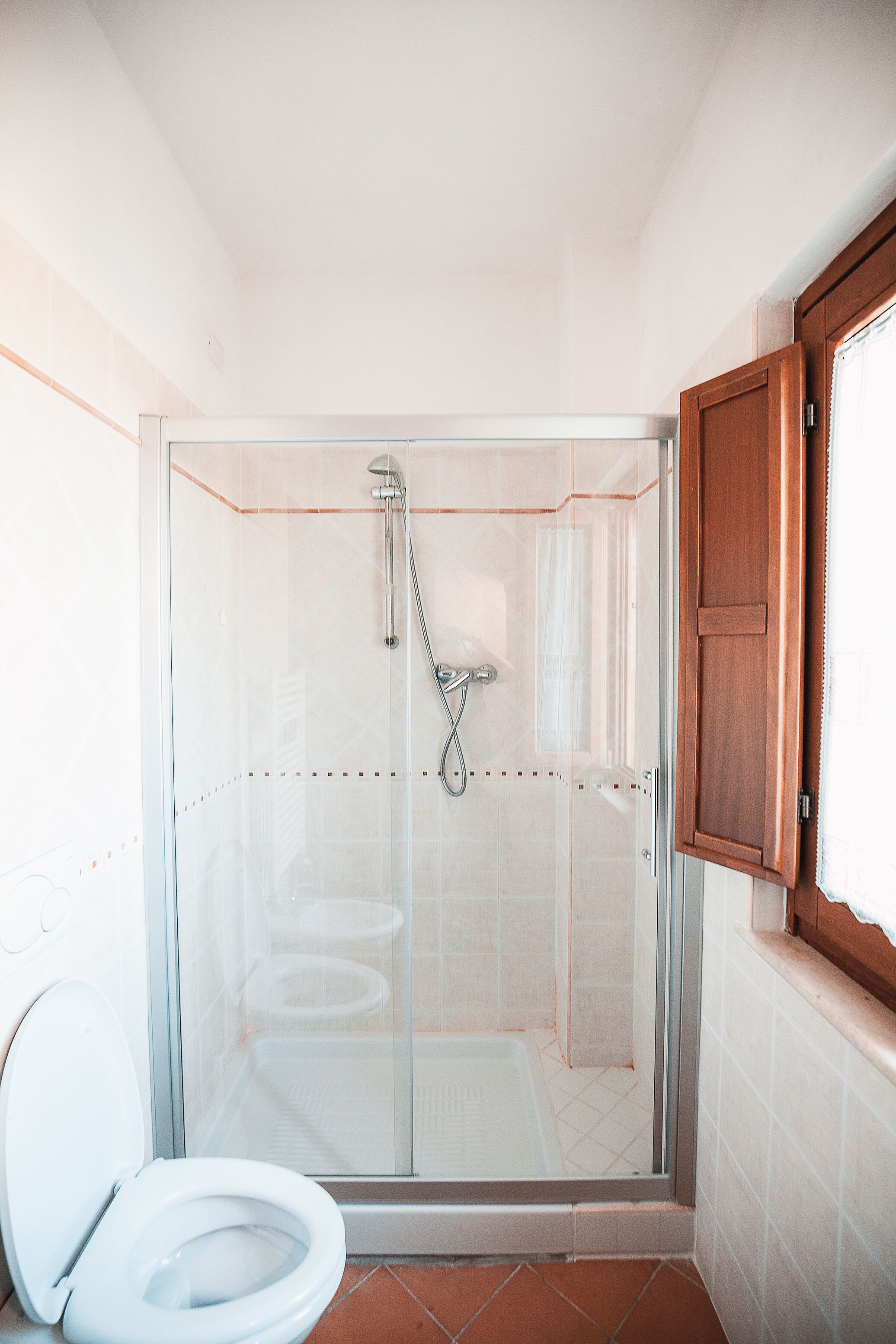 Un box de ducha con puerta de vidrio, un mueble de madera y un inodoro.