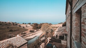 A view from a window overlooking a vineyard and a distant town. - Torre di Palme apartment with panoramic terrace and pool -5 minutes from the sea (Marche)