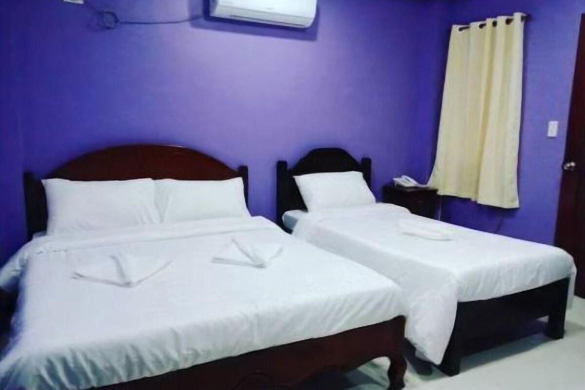 A room with two beds, a wall-mounted air conditioner, and a curtain.