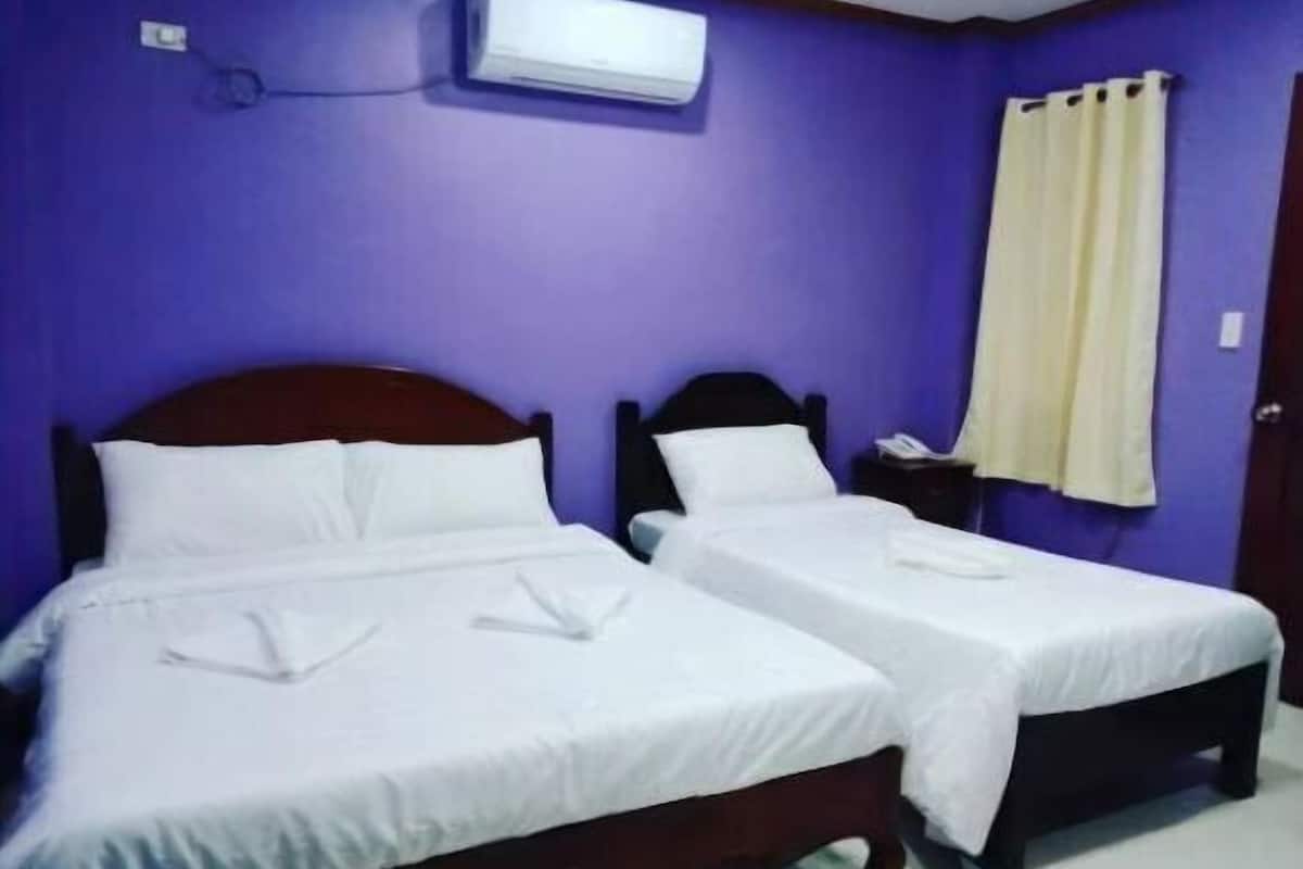A room with two beds, a wall-mounted air conditioner, and a curtain.