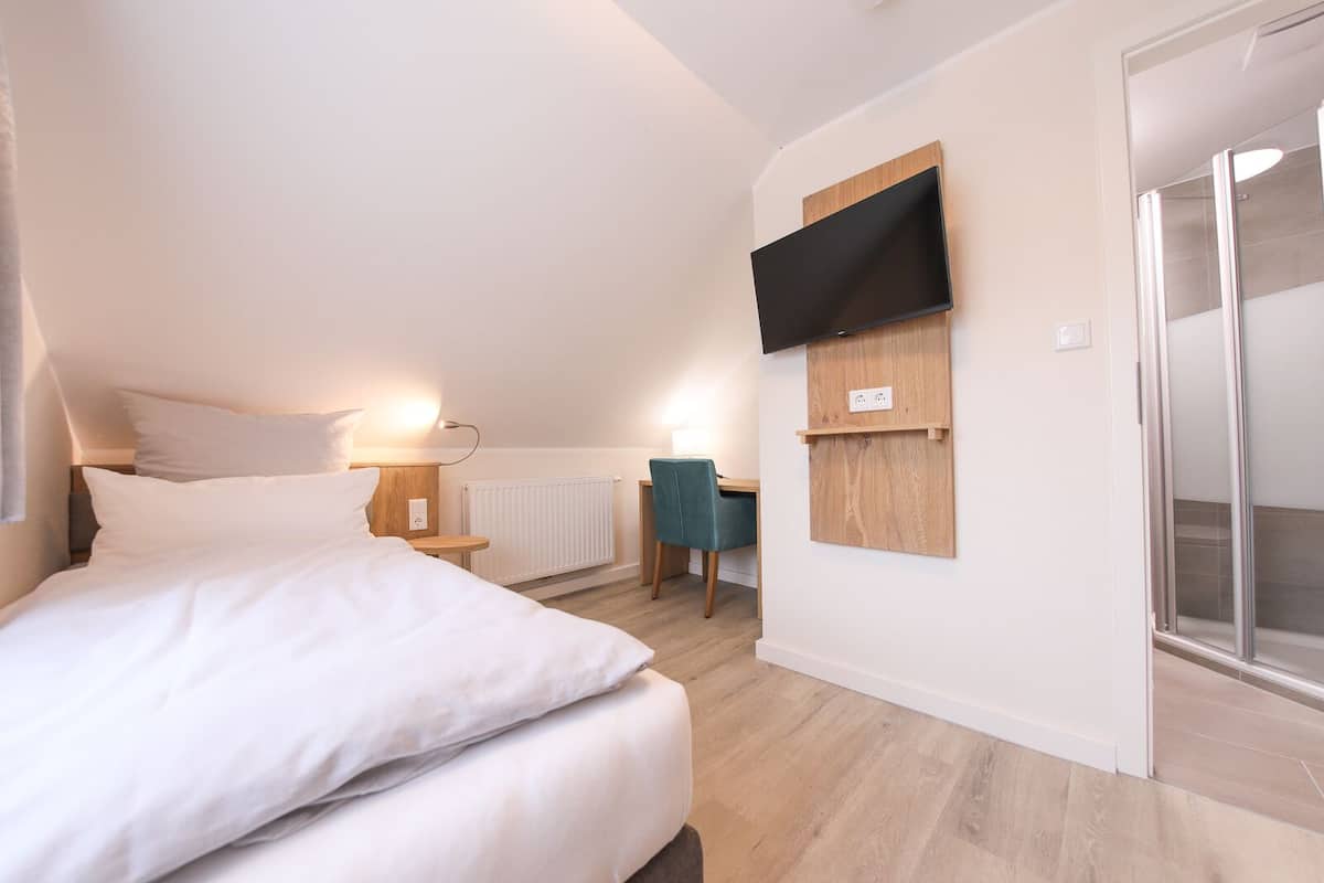 A modern hotel room with a large bed, a desk, a chair, a TV mounted on the wall, and a sliding glass door leading to a shower area.