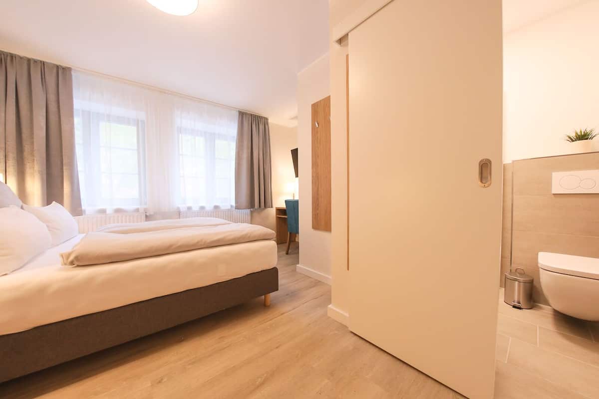 A hotel room with a large bed, a desk, a chair, a radiator, a wooden door, and a toilet.