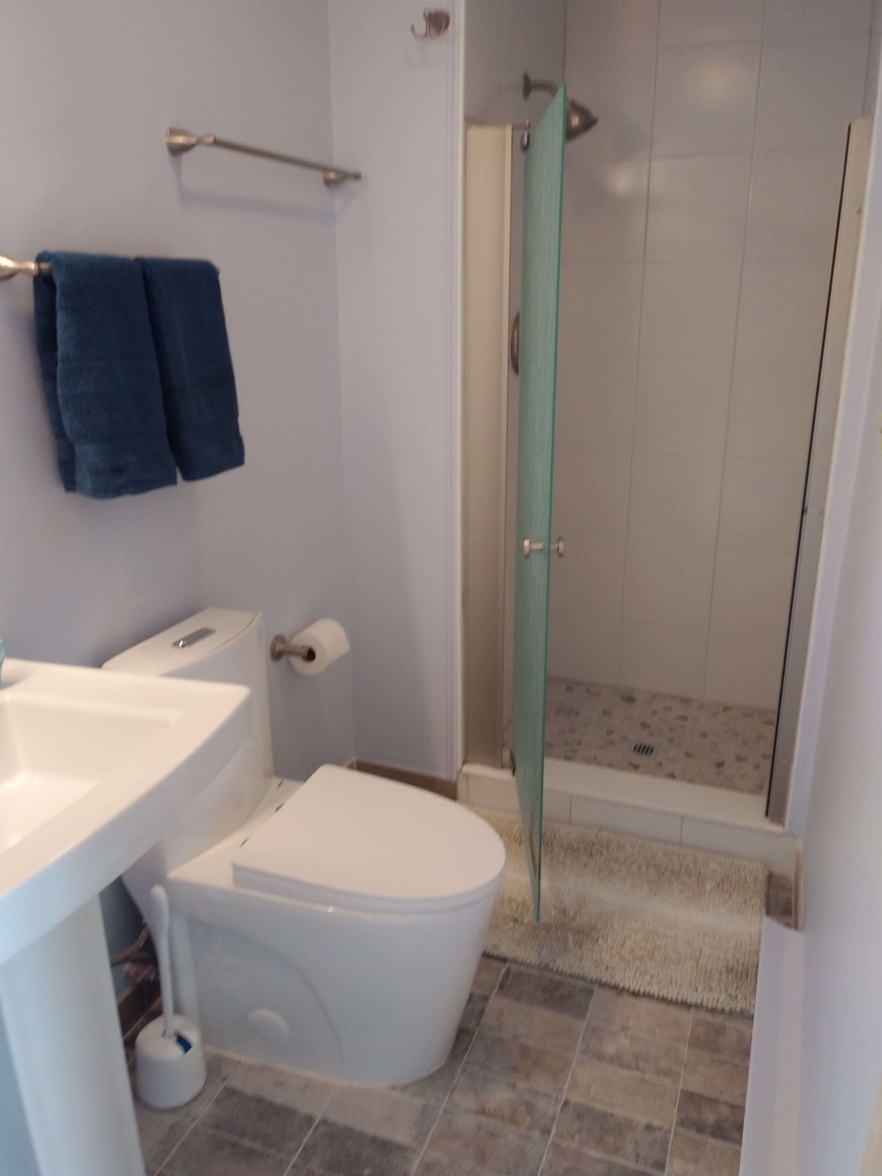 A modern bathroom with a toilet, sink, and glass shower enclosure.