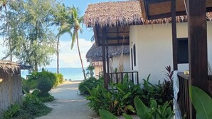 Um imóvel à beira-mar com um edifício de telhado de palha, um caminho de areia e vegetação exuberante.
