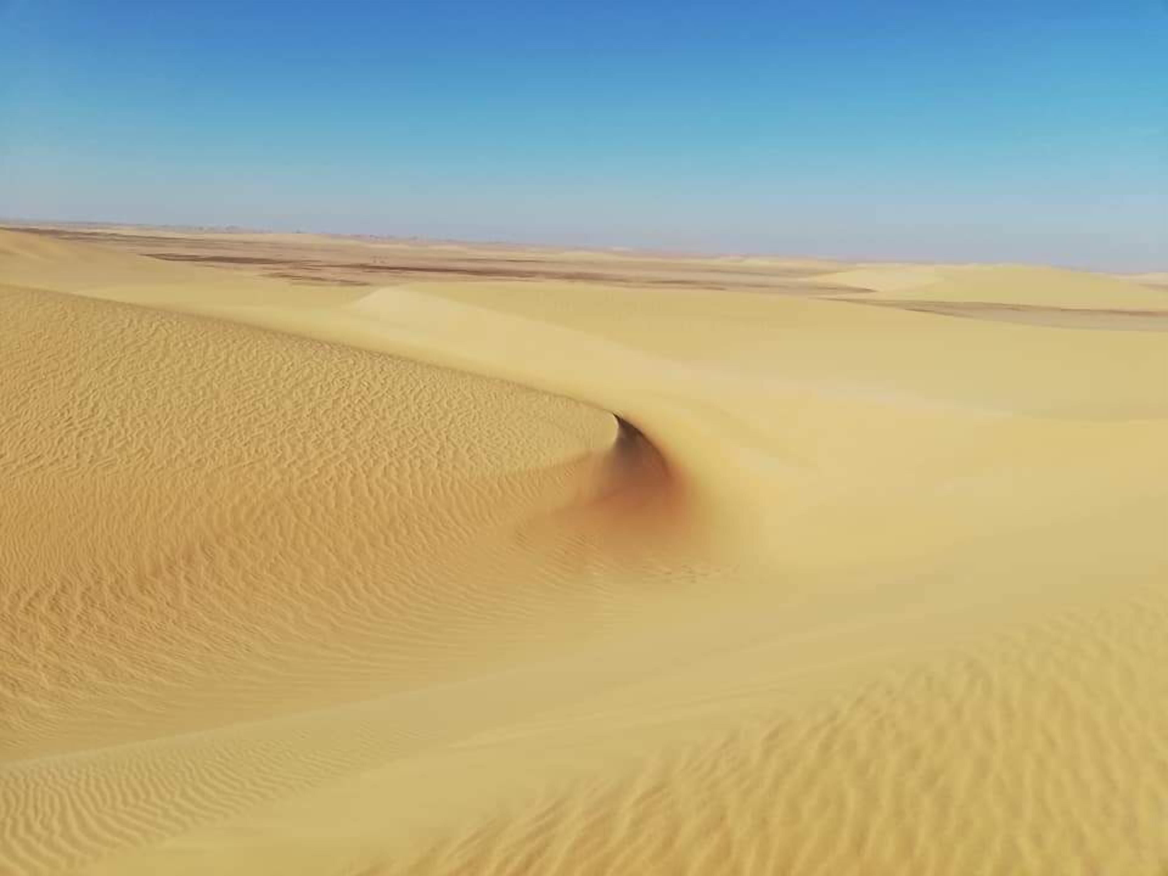 Un vaste paysage désertique, avec des dunes de sable ondoyantes sous un ciel dégagé.