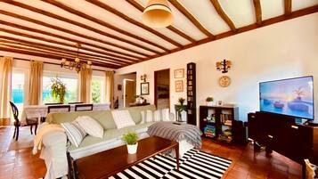 Smart TV, fireplace, DVD player, music library