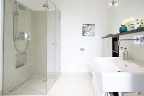Een douche, een haardroger, handdoeken, zeep