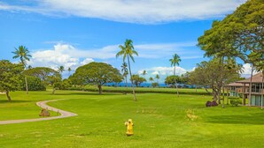 Un campo de golf con un hidrante amarillo, palmeras y un edificio con balcón.