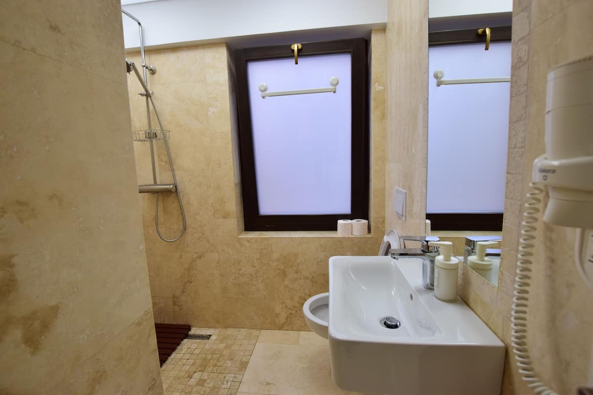 Ein Badezimmer mit Waschbecken, Spiegel, Handtuchhalter und Dusche.