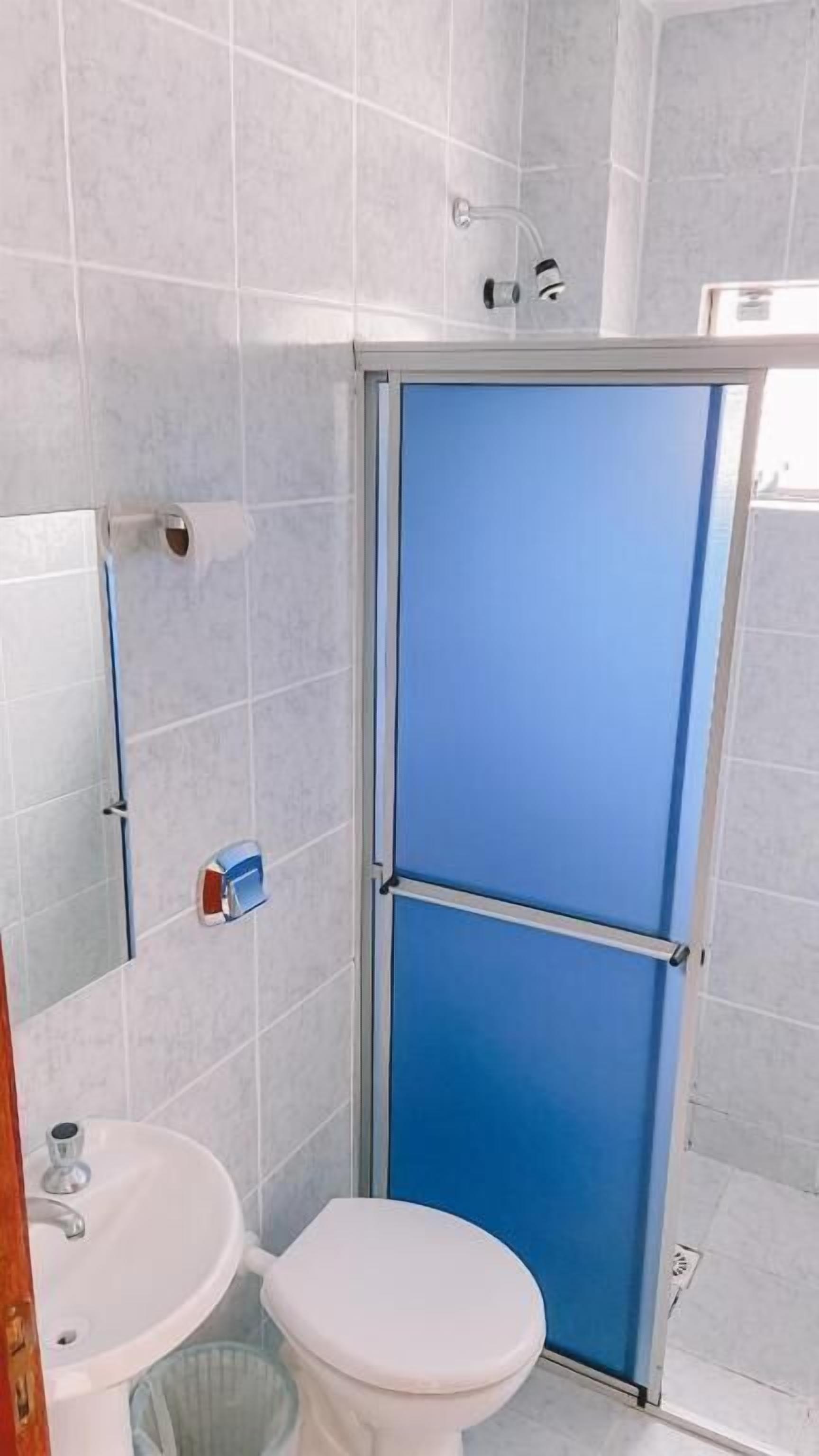 A bathroom with a white toilet, a sink, and a shower enclosure.