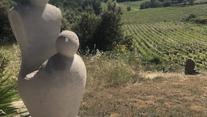 A sculpture of three figures in a garden setting with a vineyard in the background. - Stone house with beautiful swimming pool and enchanting panorama (Seguret)