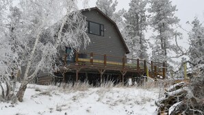 Een houten chalet met een balkon, omringd door met sneeuw bedekte bomen.