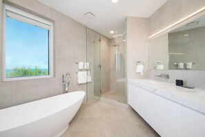 Shower, hair dryer, bathrobes, towels