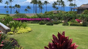 A tropical garden with palm trees and colorful flowers, a well-maintained lawn, and a view of the ocean. - Elua 2303: Gorgeous Luxe Condo, Ocean Sunset Views (Kihei)
