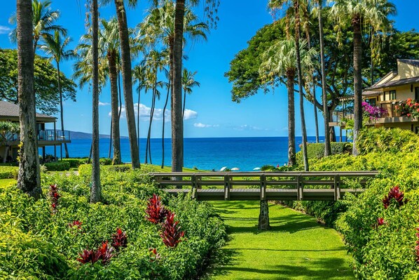 A tropical resort with a wooden deck, lush greenery, and a view of the ocean.