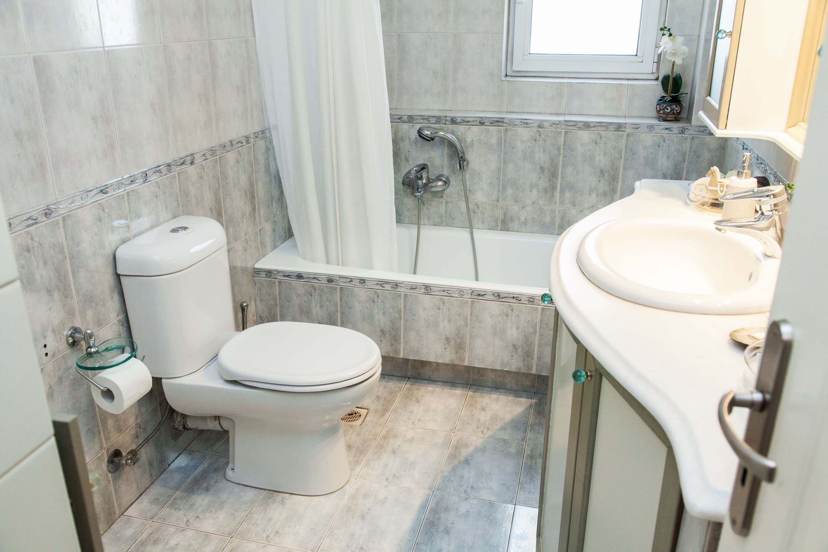 Une salle de bain avec des toilettes, une douche et un lavabo.