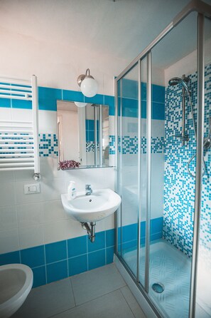 Douche, séchoir à cheveux, bidet, serviettes fournies