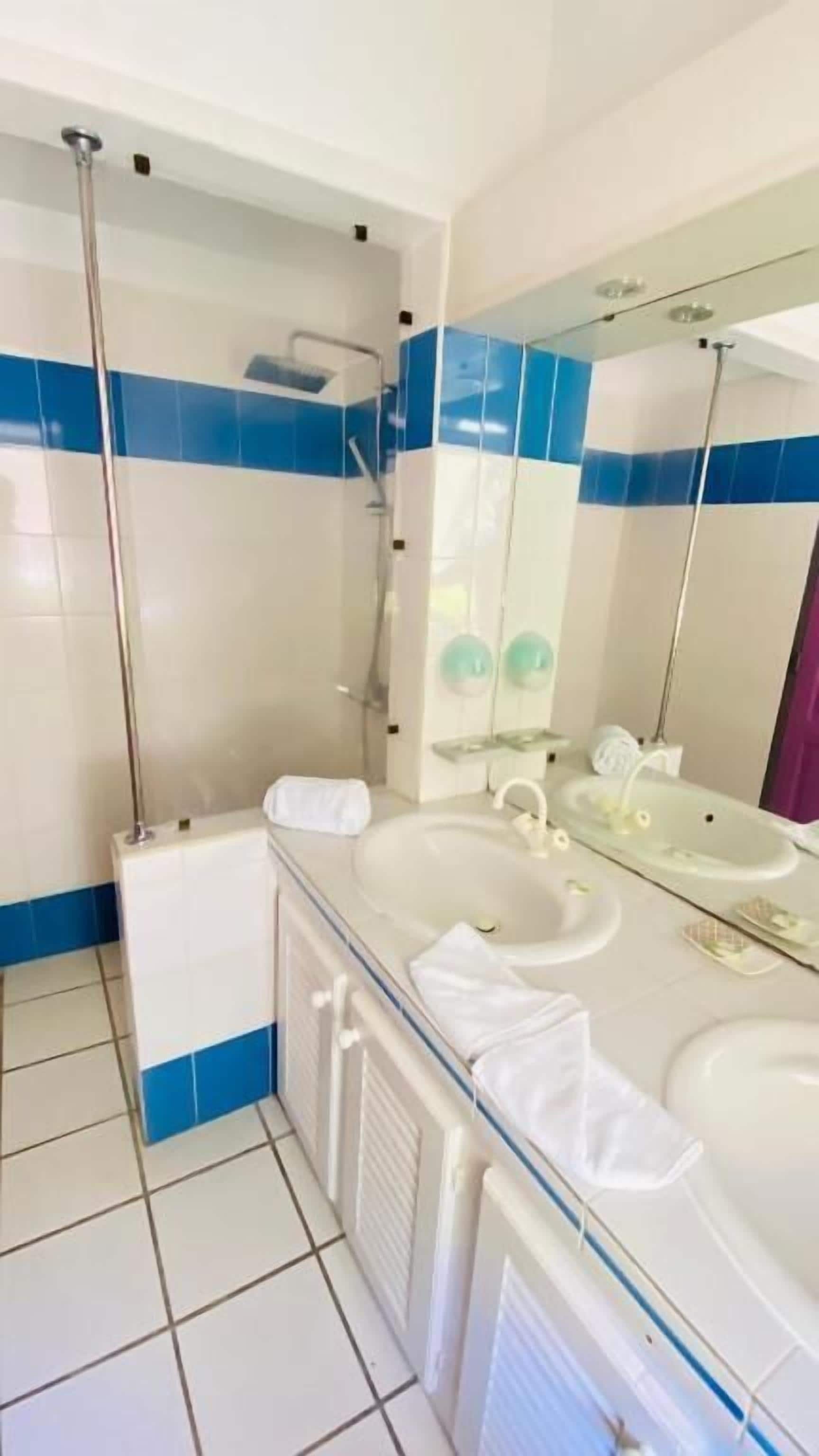 Une salle de bain avec deux lavabos, une douche et un grand miroir.
