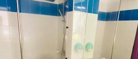 Une salle de bain avec deux lavabos, une douche et un grand miroir.
