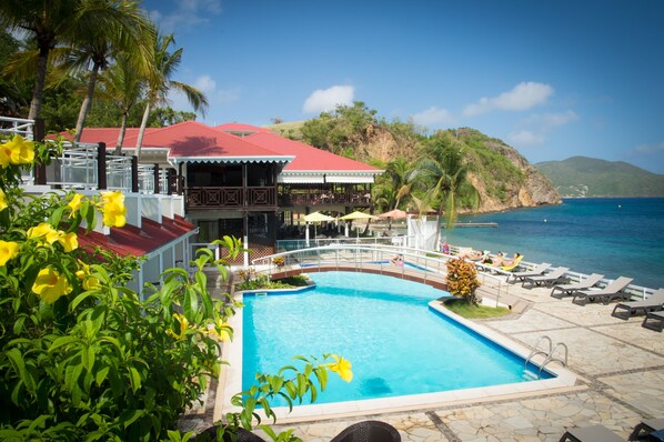 Outdoor pool, pool umbrellas, pool loungers