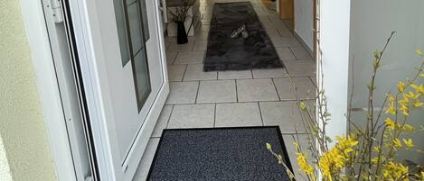 Un pasillo con una puerta corredera de vidrio, un felpudo negro en la entrada y vista a una sala de estar con un sofá y una mesa de centro.