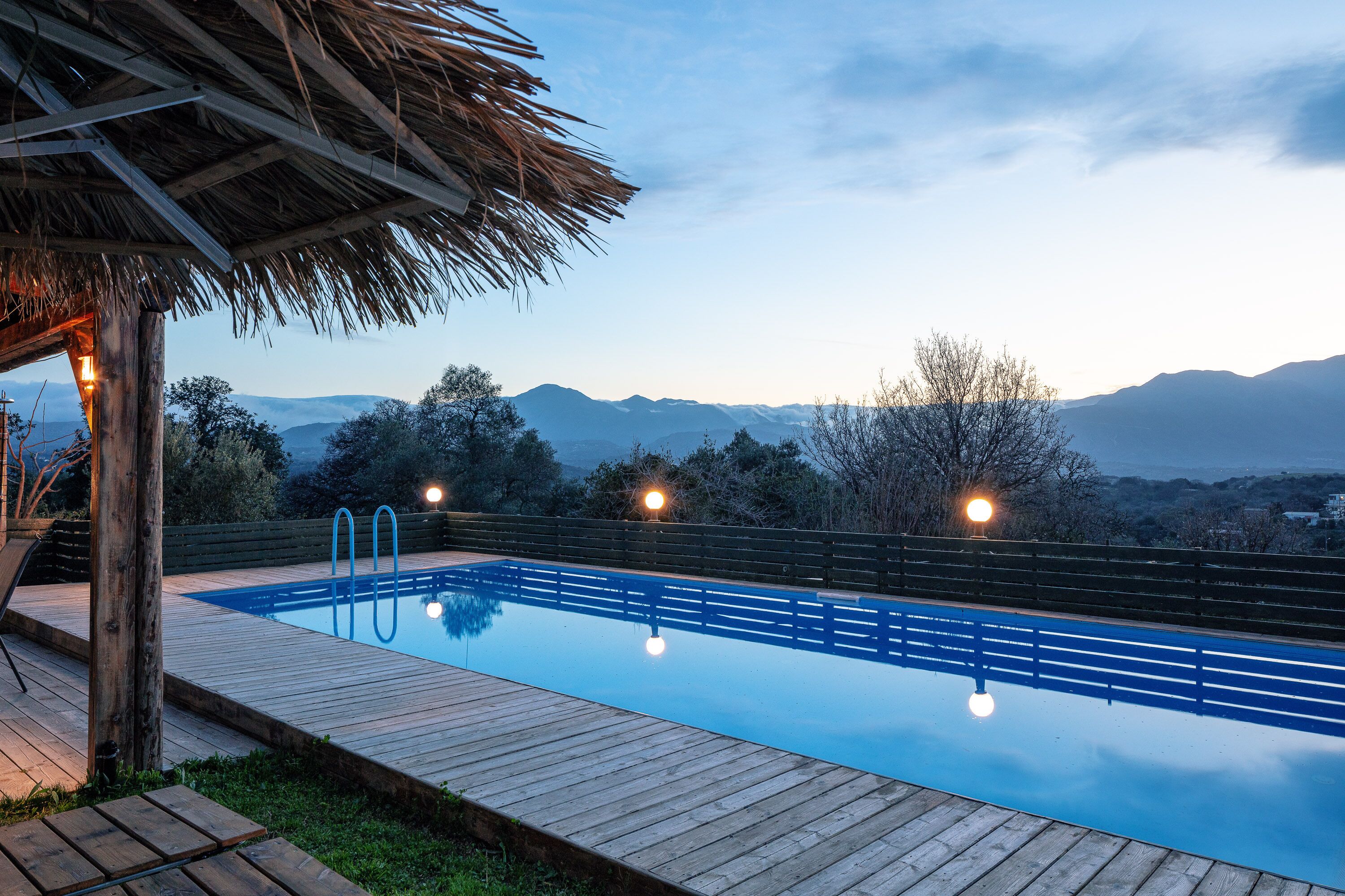 Una piscina con cubierta de madera y techo de paja.