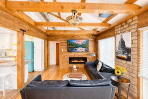 Smart TV, fireplace, books, stereo
