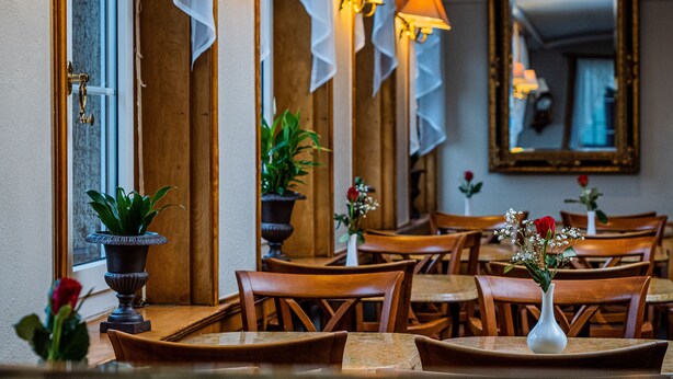 A restaurant interior with wooden tables and chairs, potted plants, and wall-mounted lamps. - Hotel Rhyhof (Frauenfeld)